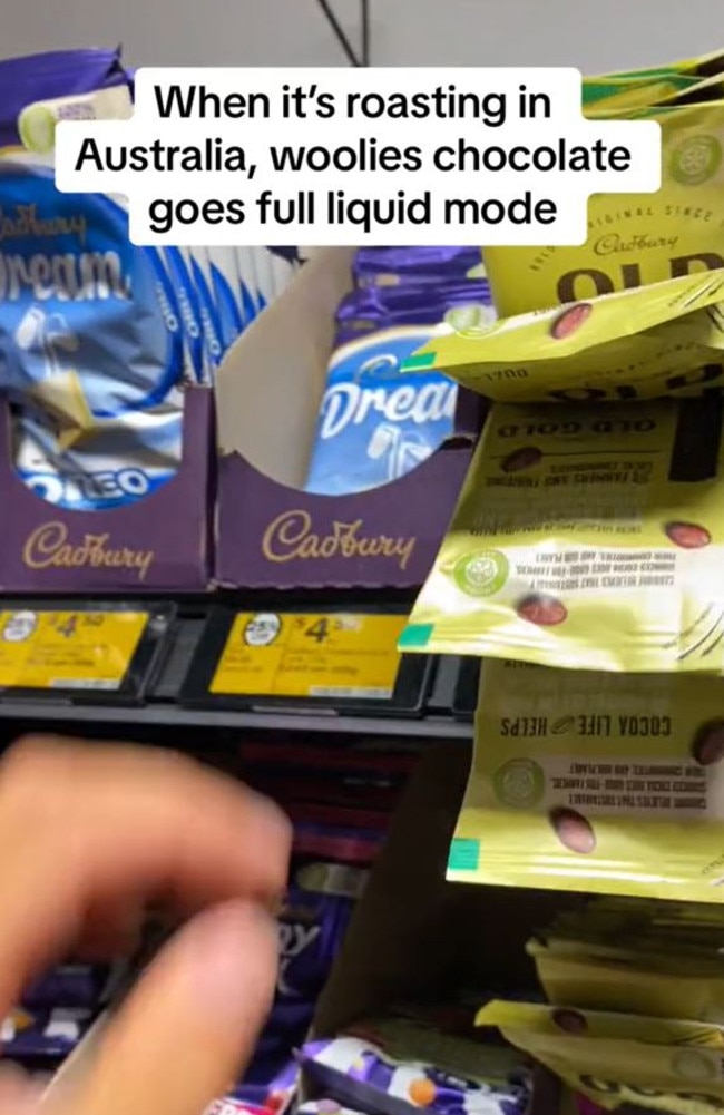 Woolworths' airconditioning was no match for 40 degree-plus weather in Sydney, causing blocks of chocolate to melt on supermarket shelves. Picture: TikTok