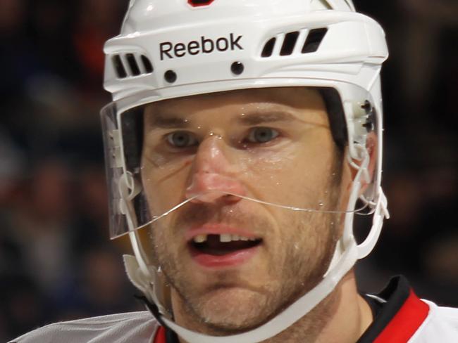 (FILE PHOTO) Former NHL Defenseman Steve Montador Dies At 35. UNIONDALE, NY - DECEMBER 08: Steve Montador #5 of the Chicago Blackhawks skates against the New York Islanders at the Nassau Veterans Memorial Coliseum on December 8, 2011 in Uniondale, New York. (Photo by Bruce Bennett/Getty Images)