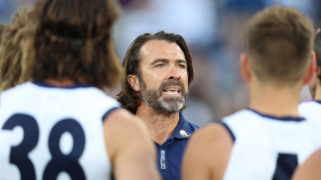 Chris Scott’s Cats tried to control the footy with a game of keepings off. Picture: Michael Klein