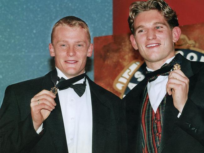 1996: Joint winners Brisbane Bears Michael Voss (l) and Essendon’s James Hird (r) with their Brownlow Medals. Picture: NewsCorp <a href="http://www.heraldsun.com.au/entertainment/brownlow-red-carpet" target="_blank">MORE BROWNLOW COVERAGE</a>