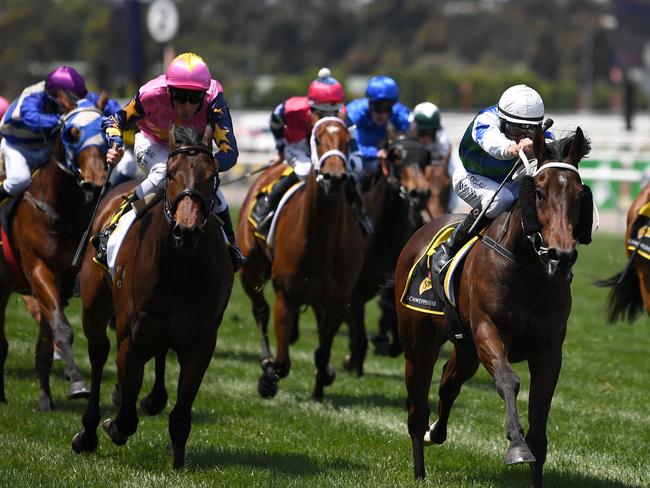 Dwayne Dunn rides Garner to victory in the Schweppervescence Plate during 2019 Melbourne Cup Day at Flemington. Picture: Morgan Hancock/Getty