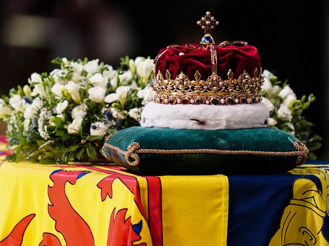 The Crown of Scotland sits atop the coffin of Queen Elizabeth II inside St Giles Cathedral in Edinburgh during a service of thanksgiving for her life. Picture: AFP