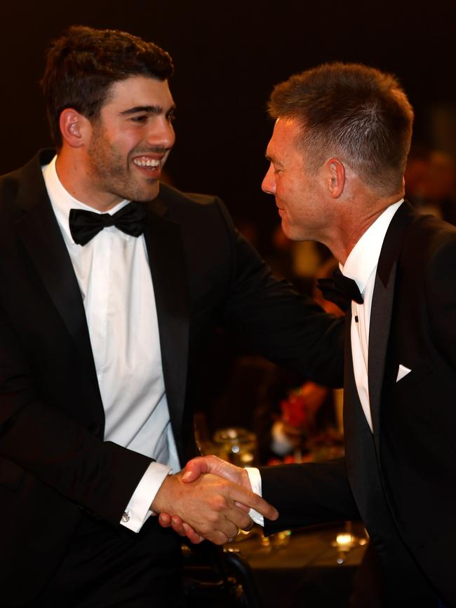 Christian Petracca greets Ben Cousins at the Brownlow. (Photo by Michael Willson/AFL Photos via Getty Images)