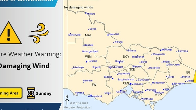 The Bureau of Meteorology warns that parts of eastern Victoria could see wind gusts in excess of 90km on Sunday morning. Picture: BOM