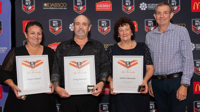 Tanya hazel, Greg Hansen, Jackie Edwards receives Life Membership and Deputy Chief Minister of the Northern Territory Gerard Maley at the 2024 NRL NT Frank Johnson / Gaynor Maggs medal night. Picture: Pema Tamang Pakhrin