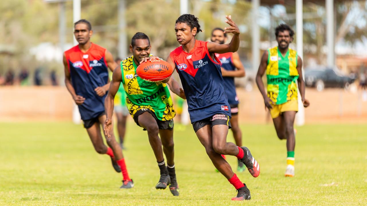 Ltyentyies Football Club plays the first game in Demons jumpers on the newly grassed Santa Teresa Oval on May 3. Picture: Emma Murray