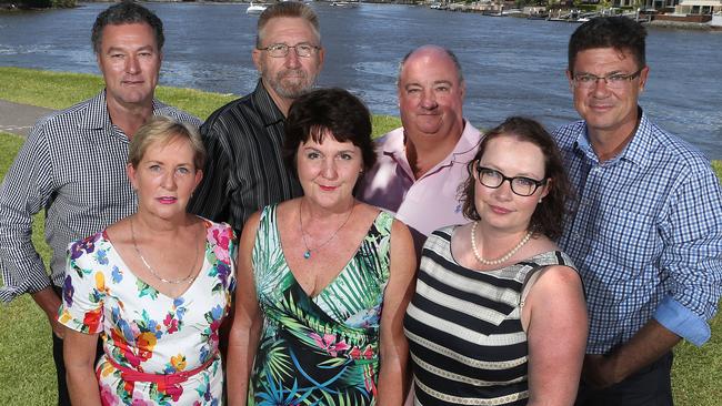 Feeling Blue.....the Gold Coast has retained all of its LNP Members, including from left to right, John-Paul Langbroek, Ros Bates, Michael Crandon, Jan Stuckey,Michael Hart, Verity Barton, Rob Molhoek. Picture Glenn Hampson