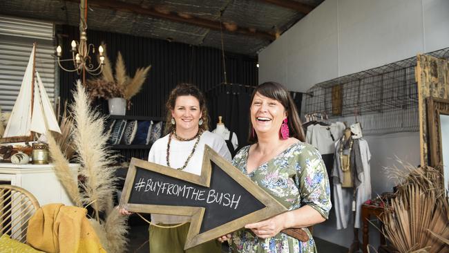 Rebecca Loughridge and Gretchen Thorburn have started using the hashtag "buyfromthebush" in their shop Hen's Teeth Trading at Cobram. Photo: DANNIKA BONSER