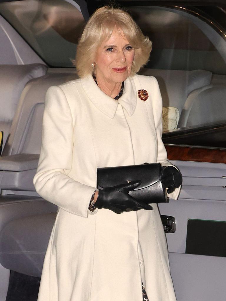 Camilla, Queen Consort arrives in a fetching white coat. Picture: Chris Jackson/Getty Images