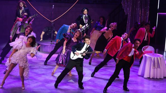 Christian Charisiou, centre front, leads the cast in the title role of The Wedding Singer musical media at Her Majesty's Theatre in Adelaide. Picture: Tom Huntley