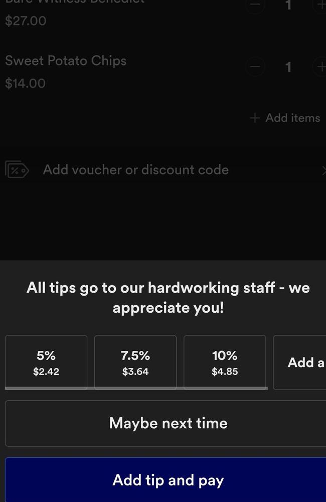 Diners aren’t happy that giving a tip is the default selection. Picture: Reddit