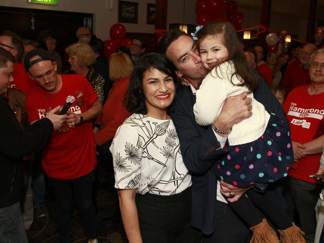 Tim Hammond, Labor candidate for Perth, arriving at the Bayswater Hotel with his wife Lindsay and daughter Sidney (4). PHOTO: MARIE NIRME.