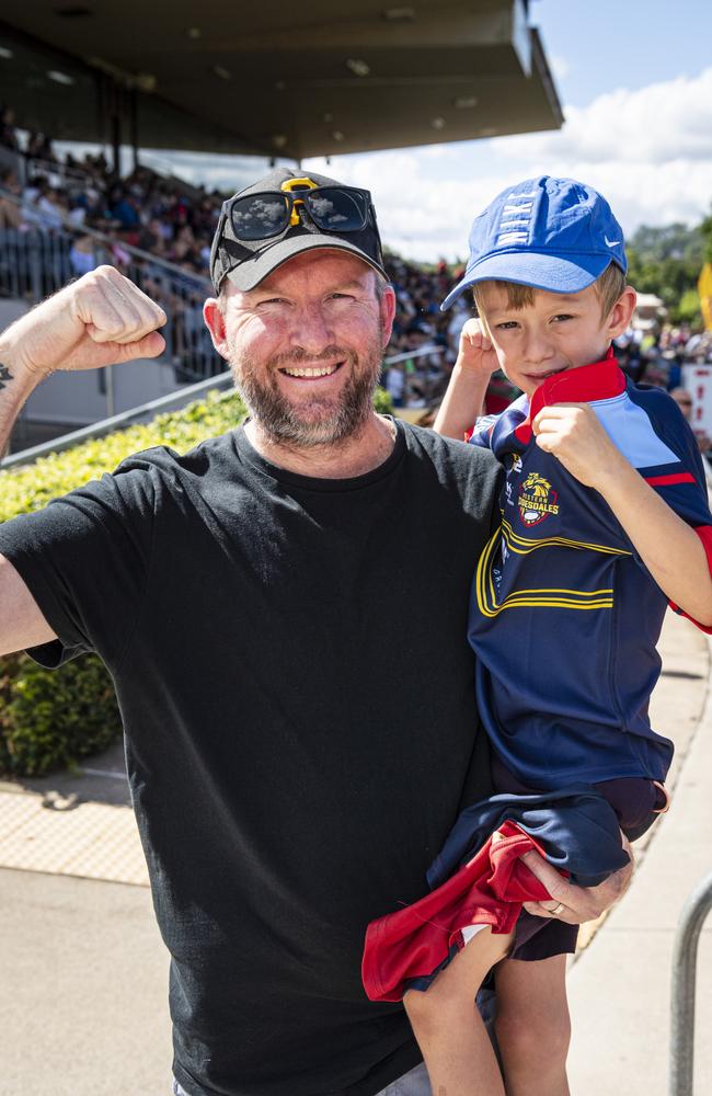 Geoff Broadbent and son Patrick show their support for the Western Clydesdales at Clive Berghofer Stadium, Saturday, March 9, 2024. Picture: Kevin Farmer