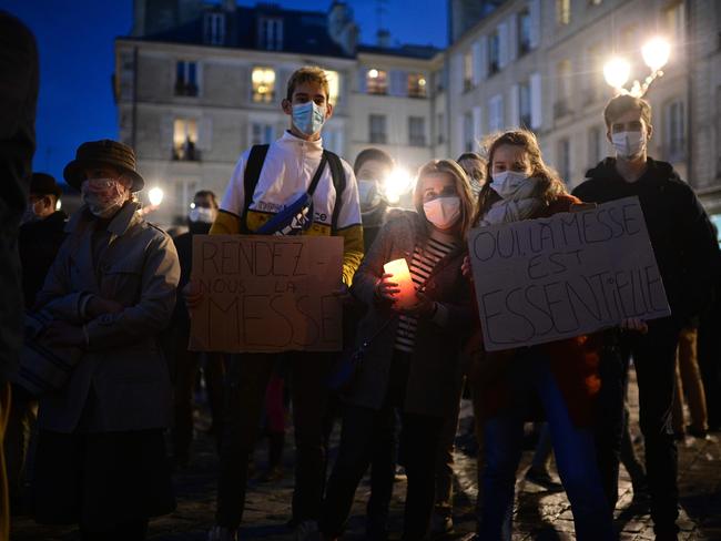 Catholics gather in Versailles, outside Paris, to protest against COVID-19 restrictions under which masses are banned in churches. Picture: AFP