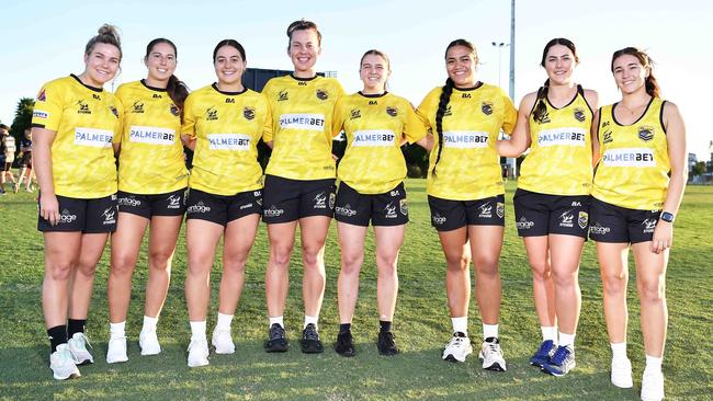 Sunshine Coast Falcons inaugural player Zoey Parfrement, Makayla Henry, Remi Hinckesman, Amy Atkinson, Jordan Jackson, Emmogen Taumafai, Shanae Gray and Ella-J Harris. Picture: Patrick Woods.