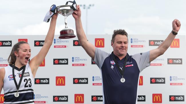 Northern Knights captain Gabrielle Newton and coach Marcus Abney-Hastings after the 2019 NAB League Girls grand final.