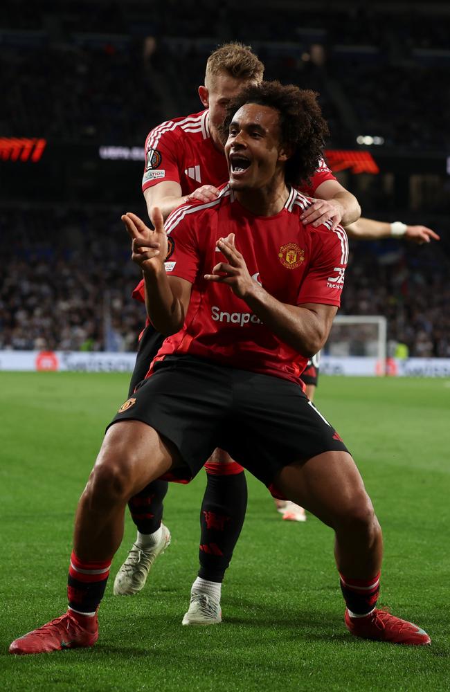 Joshua Zirkzee celebrates scoring for Manchester United against Real Sociedad. Picture: Getty Images