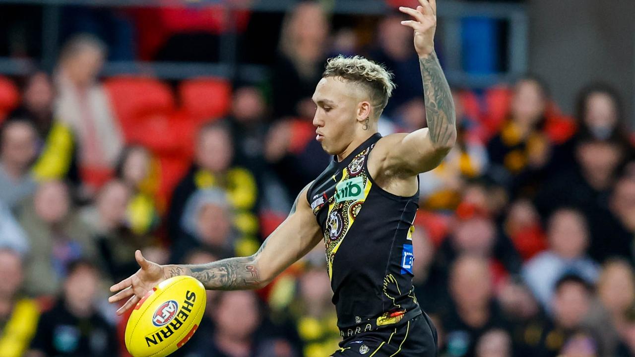 Shai Bolton kicks one of three goals against the Gold Coast Suns. Picture: Russell Freeman/AFL Photos via Getty Images