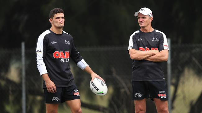 Nathan Cleary with his father coach Ivan Cleary during the Penrith Panthers training session ahead of their match with the Tigers. Picture: Phil Hillyard