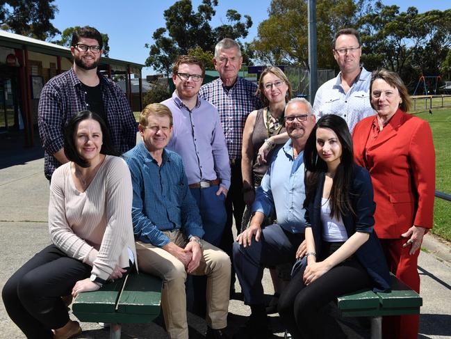 Onkaparinga Councilors pose for a photograph at Flagstaff Hill, Adelaide on Friday the 16th of November 2018. Heidi Greaves, Beau Cowan, Martin Bray, Simon McMahon, Geoff Eaton, Alayna DeGraaf,  Richard Peat, Marion Themeliotis, Wayne Olsen and Sandra Brown(AAP/ Keryn Stevens)