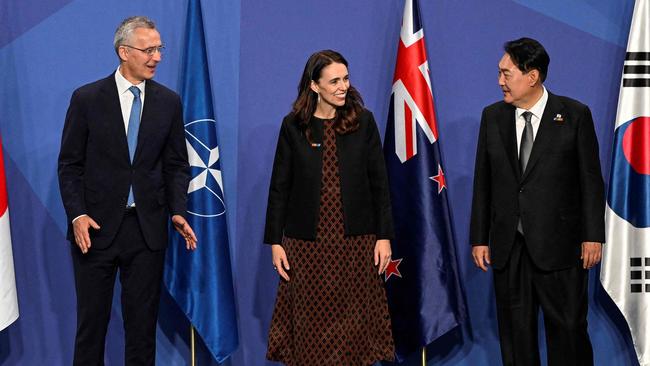 NATO Secretary-general Jens Stoltenberg, then New Zealand Prime Minister Jacinda Ardern and South Korea's President Yoon Suk-yeol during the NATO summit in Madrid last year. Picture: AFP.