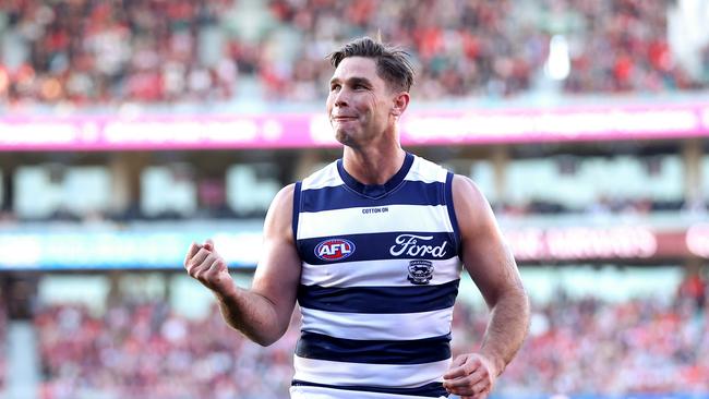 SYDNEY, AUSTRALIA - JUNE 09: Tom Hawkins of the Cats celebrates after kicking a goal during the round 13 AFL match between Sydney Swans and Geelong Cats at SCG, on June 09, 2024, in Sydney, Australia. (Photo by Brendon Thorne/AFL Photos/via Getty Images)