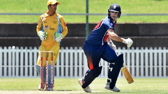 Jordan Thompson gets a few more runs for Mosman during their First Grade cricket clash versus Fairfield-Liverpool Lions at Allan Border Oval at Mosman. (AAP IMAGE / Troy Snook)