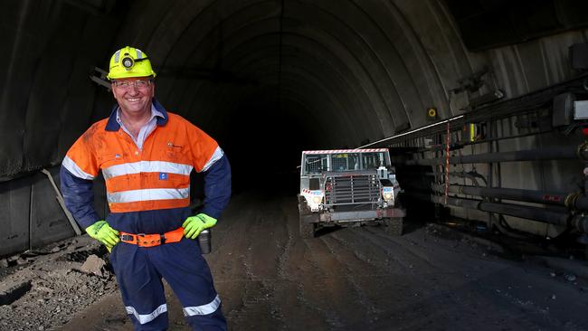 Federal ministers Barnaby Joyce, Matt Canavan and David Gillispie visit the Mandalong Coal Mine at Morriset and the Vales Point Power Station at Lake Macquarie. Barnaby Joyce stands at the entrance after taking a tour of the underground mine. Picture: Toby Zerna