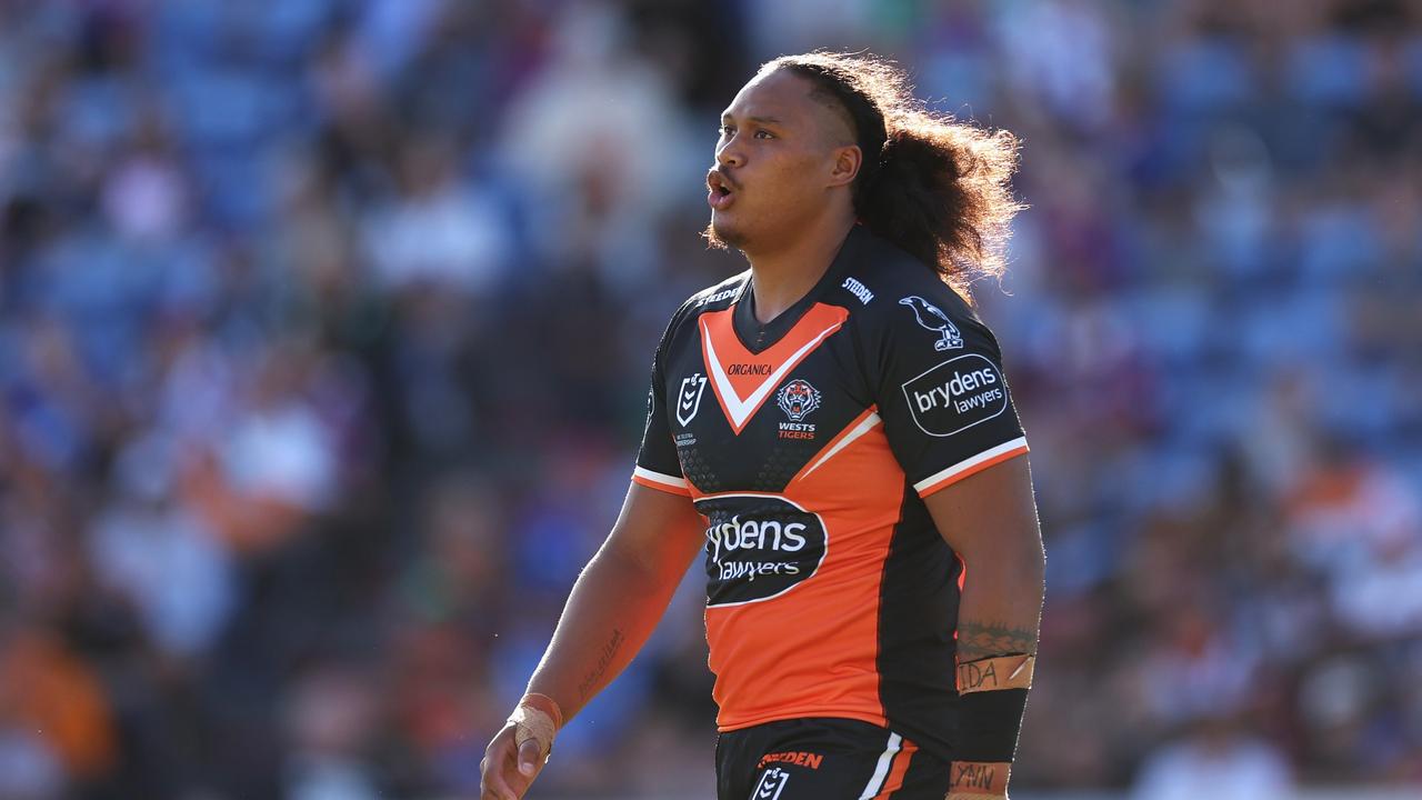 NEWCASTLE, AUSTRALIA - MARCH 20: Luciano Leilua of the Wests Tigers looks on during the round two NRL match between the Newcastle Knights and the Wests Tigers at McDonald Jones Stadium, on March 20, 2022, in Newcastle, Australia. (Photo by Cameron Spencer/Getty Images)