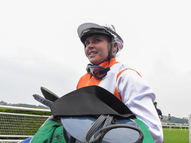 Jockey Winona Costin is seen after riding Assaultâ€™nâ€™Bathory to victory in race 2, the TAB Highway Handicap during Metro Races at Royal Randwick Racecourse in Sydney, Saturday, January 11, 2020. (AAP Image/Simon Bullard) NO ARCHIVING, EDITORIAL USE ONLY