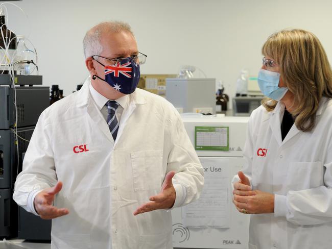 Scott Morrison meets CSL staff working on the COVID vaccine. Australians are split on his handling of the pandemic. Picture: NCA NewsWire