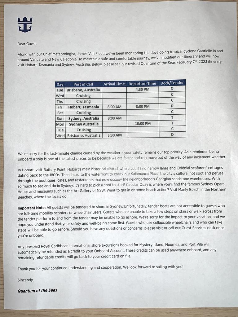 Guests received this letter after they boarded in Brisbane.