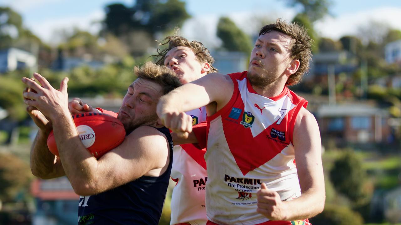 Football. TSL. Launceston V Clarence. Jobi Harper Launceston with Keegan Wylie Clarence. Picture: Andrew Woodgate