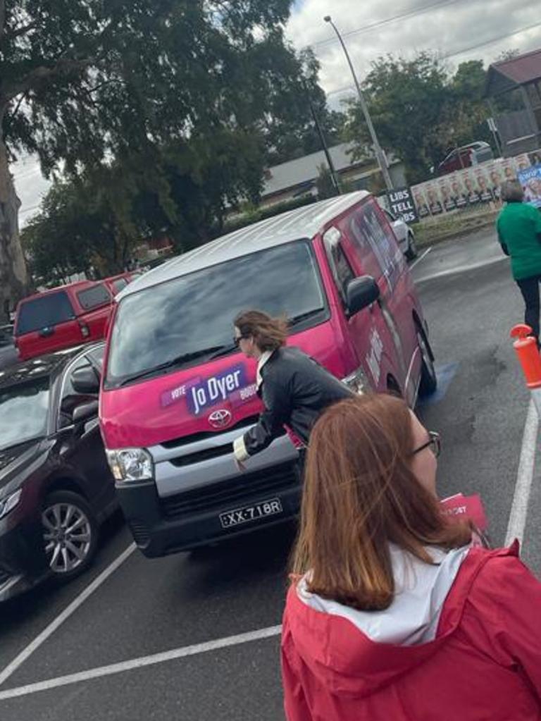 Pictures supplied to The Advertiser appear to show Jo Dyer parked in a disabled parking bay in Daw Park.