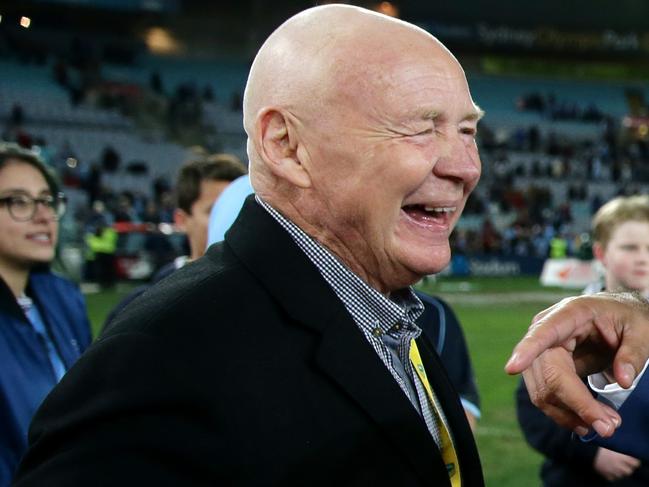 NSW coach Laurie Daley talks to Bob Fulton after game 3 of the 2016 Origin series between the NSW Blues and the Queensland Maroons at ANZ Stadium , Homebush. Picture : Gregg Porteous