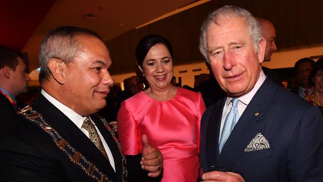 Prince Charles (right) with Gold Coast Mayor Tom Tate (left) and Queensland Premier Annastacia Palaszczuk attend a welcome to Games Reception ahead of the XXI Commonwealth Games at Carrara Stadium, on the Gold Coast. Asked about dire trade reports so far from Gold Coast business operators, Mayor Tate said: “We must be talking to different retailers. The place is supercharged, the coffee is super good, so for those ones not making it, have a look at your own product.” (AAP Image/Darren England)