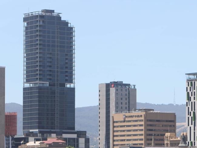 ADELAIDE, AUSTRALIA - ADVERTISER Photos DECEMBER 3, 2020: Adelaide's changing skyline. Adelaide's skyline taken from Level 5 Adelaide Oval showing how much the skyline has changed particularly on North Terrace with the construction of new apartment towers The Adelaidean, Realm Adelaide and the GSA accommodation tower. Adelaide Festival Centre, Skycity Casino, Westpac Building, Picture Emma Brasier