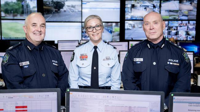 SA Police Assistant Commissioner (Crime) Peter Harvey, Federal Police Detective Superintendent Gail McClure and SA Police Crime Branch Chief Superintendent Steve Taylor helped direct the operation. Picture: AFP/SA Police