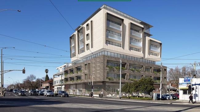 An artist's impression of a proposed eight-storey apartment complex on the site of St Kilda's Greyhound Hotel.