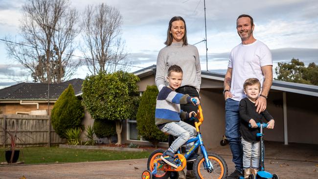 Pakenham family Stacey and Mike Gadway with their kids, Henry (4) and Oliver (2). Picture: Jake Nowakowski