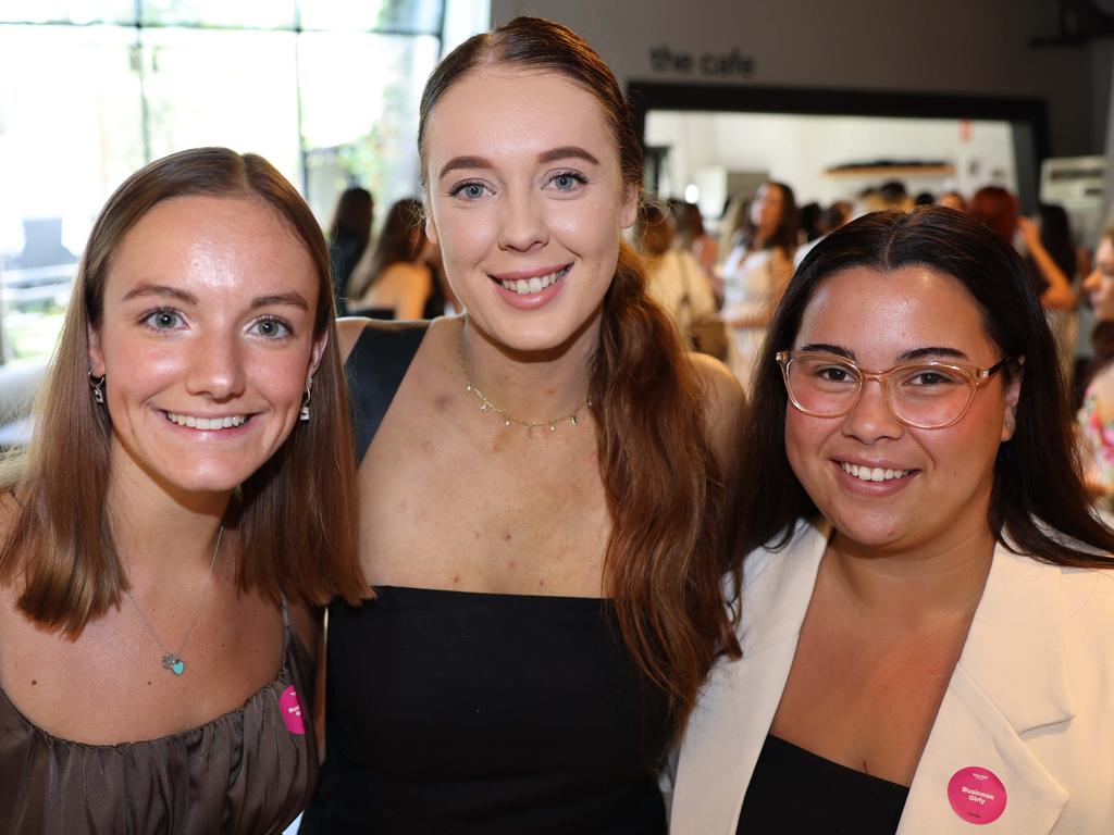 Georgina Winters, Hayley Archeold and Rikki Regeling at the Beyond the Boardroom event by Busy Girls Social Club at Hismile HQ for Gold Coast at Large. Picture: Portia Large.