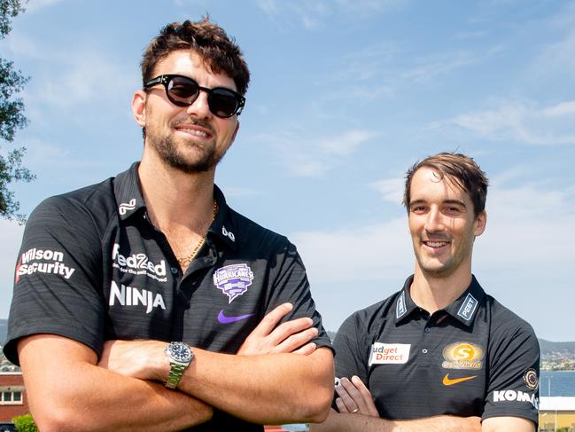 Hobart Hurricane Tim David and Perth Scorcher Nick Hobson ahead of Saturday’s BBL game in Hobart. Picture: Linda Higginson.