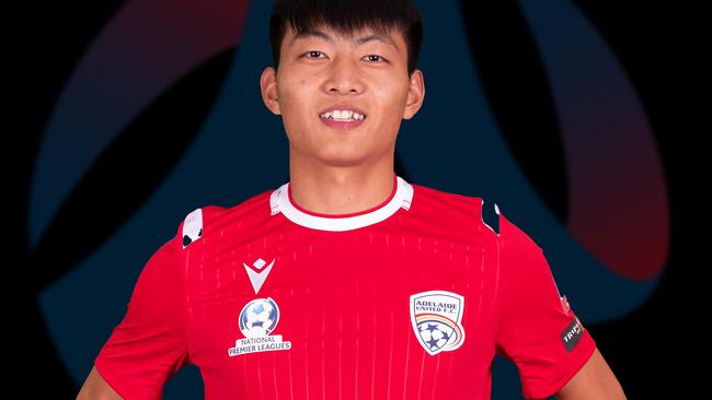 Adelaide United’s fifth visa signing Yongbin Chen in an NPL kit and in front of the Football SA logo. Picture: Adam Butler