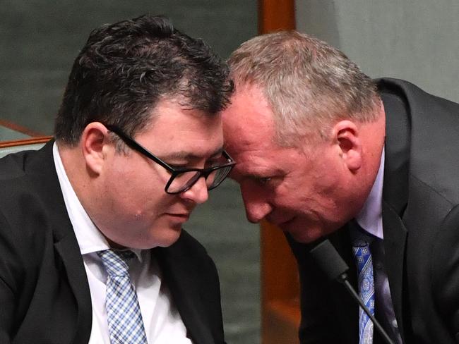 Nationals Member for Dawson George Christensen and Nationals member for New England Barnaby Joyce. Picture: AAP/Mick Tsikas