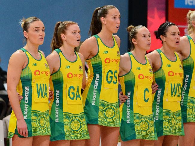 CAPE TOWN, SOUTH AFRICA - AUGUST 06: Australia singing the national anthem during the Netball World Cup 2023, final match between England and Australia at Cape Town International Convention Centre, Court 1 on August 06, 2023 in Cape Town, South Africa. (Photo by Grant Pitcher/Gallo Images/Netball World Cup 2023)