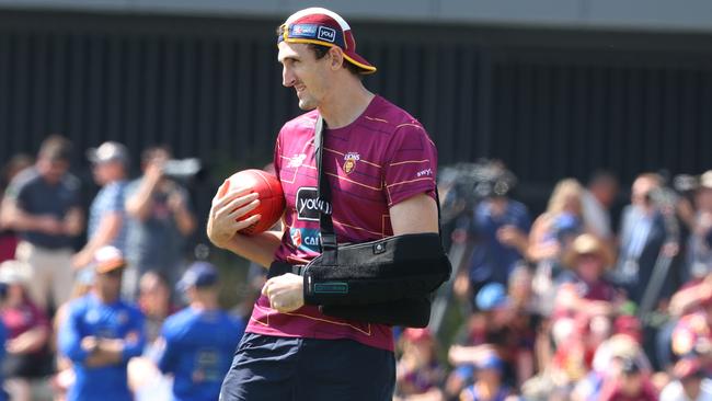 Oscar McInerney says he’s ‘really content’ with how his season ended after suffering a dislocated shoulder in Brisbane’s preliminary final win over Geelong. Picture Lachie Millard