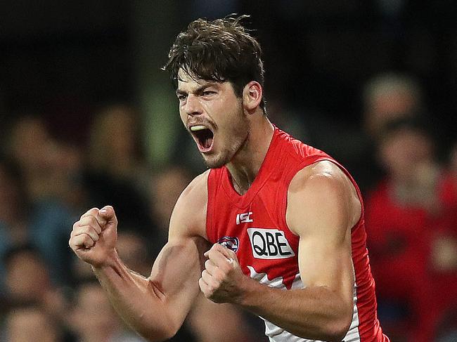 Sydney's George Hewett celebrates kicking a goal during AFL match between the Sydney Swans and West Coast Eagles at the SCG on June 9, 2019. Picture. Phil Hillyard