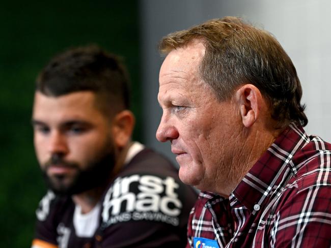 BRISBANE, AUSTRALIA - MARCH 10: Broncos coach Kevin Walters speaks after the round 2 NRL match between the Brisbane Broncos and the North Queensland Cowboys at Suncorp Stadium on March 10, 2023 in Brisbane, Australia. (Photo by Bradley Kanaris/Getty Images)