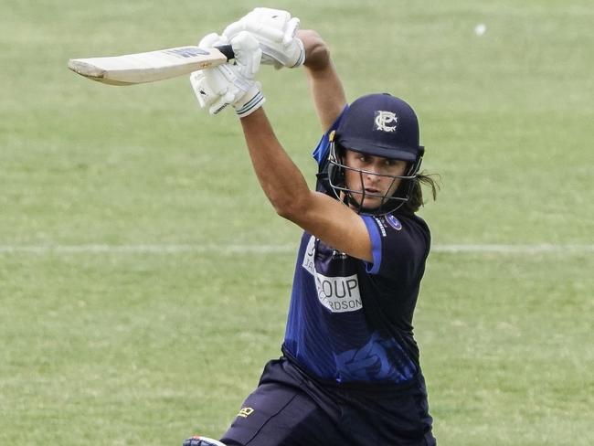 Premier Cricket: Prahran v Richmond. Prahran batsman Lachlan Bangs and Richmond. Keeper Zac Sleeman. Picture: Valeriu Campan