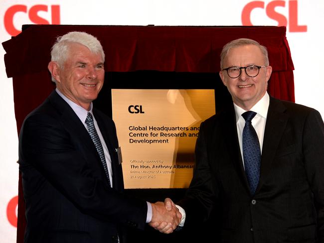 Prime Minister Anthony Albanese at the opening last month of the new CSL global HQ and research centre in Melbourne, with company chair Dr Brian McNamee. Picture: Andrew Henshaw